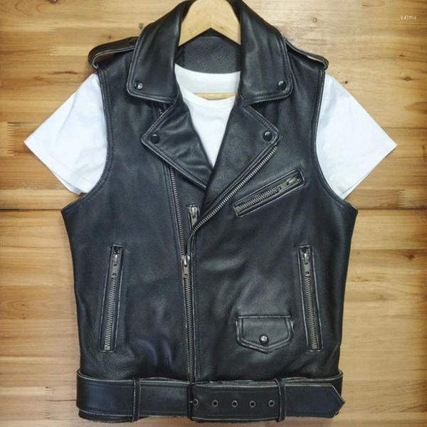 Gilets pour hommes Vintage Black Spring Cuir Gilet Hommes Moto Style Naturel Cowhide Slim Fit Court Véritable Manteau