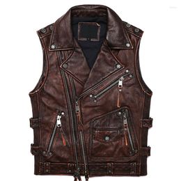 Gilets pour hommes Vintage Brown Moto Biker Gilet en cuir Hommes Véritable peau de vache de haute qualité Veste sans manches Slim Club Style Manteau