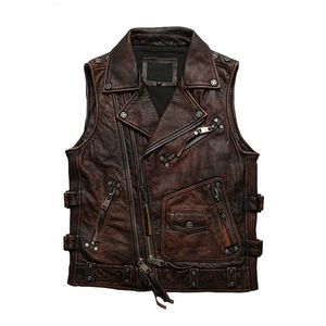 Gilets pour hommes Vintage marron moto Style en cuir véritable gilet hommes grande taille 5XL véritable peau de vache naturelle printemps Slim FitMen's