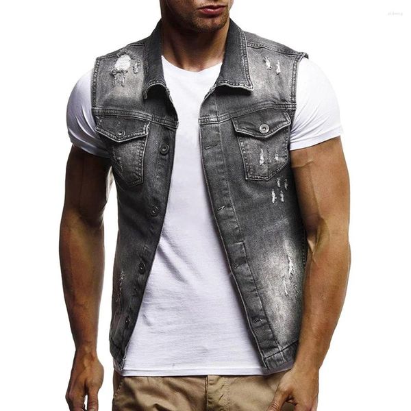 Gilets pour hommes Vintage Denim Gilet déchiré col rabattu sans manches veste cargo printemps automne simple boutonnage streetwear gilet manteau