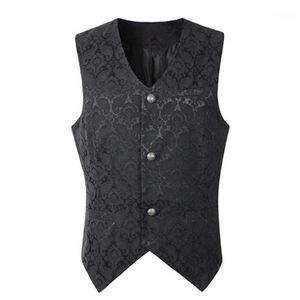 Herenvesten Vintage Gothic Jacquard Vest Goth kleding Zwarte mouwloze knoppen met één rijs Retro Steampunk Waistcoats Middeleeuws kostuum