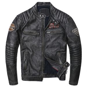 Mannen Vesten Vintage Grijs Motorfiets Lederen Jas Biker Natuurlijke Koeienhuid Jassen Man Slim Cool Kleding Jas 230809