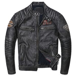 Chalecos de hombre Vintage gris motocicleta chaqueta de cuero genuino Biker chaquetas de cuero de vaca Natural hombre Slim Cool ropa abrigo 230726