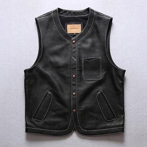 Chalecos de hombre Vintage japonés Casual Real cuero de vaca chaleco para hombre genuino motocicleta Biker chaleco negro