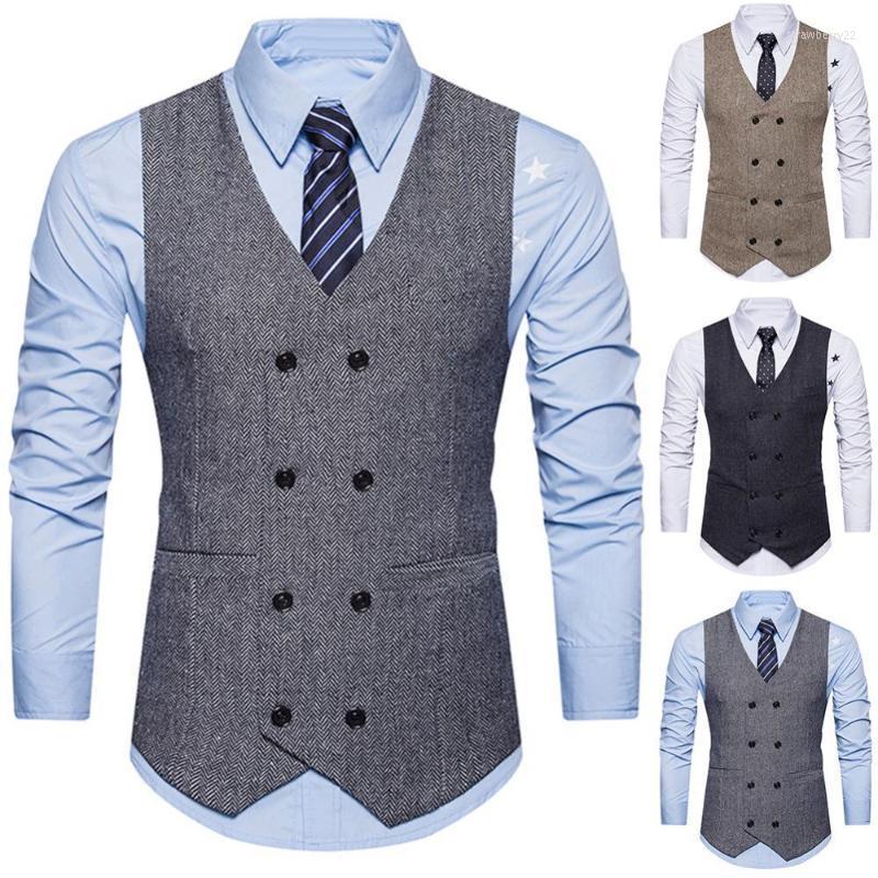 Men's Vests Vintage Men Sleeveless Double-breast Herringbone Twill Waistcoat Business Vest Stra22