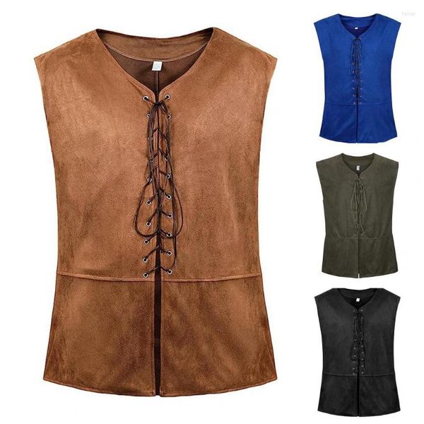 Gilets pour hommes Vintage hommes gilet médiéval col en V sans manches à lacets Cardigan couleur unie mince Steampunk Renaissance gothique Style gilet