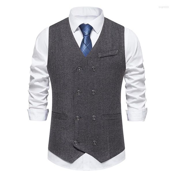 Chalecos para hombres Vintage Mens Traje Chaleco Doble Pecho Espiga Tweed Vaquero Para Hombres Chaleco Boda Gilet Homme Traje