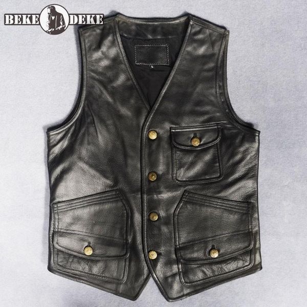 Hommes gilets Vintage moto gilet hommes peau de vache en cuir véritable sans manches vestes col en V simple boutonnage gilet Style Punk