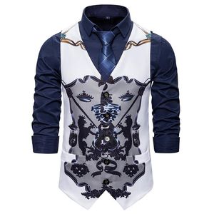 Heren Vesten Vintage Gedrukt One Breasted Vest Jurk voor Mannen Slanke Fit Graffiti Mouwloze Jasjas Vesten Vest