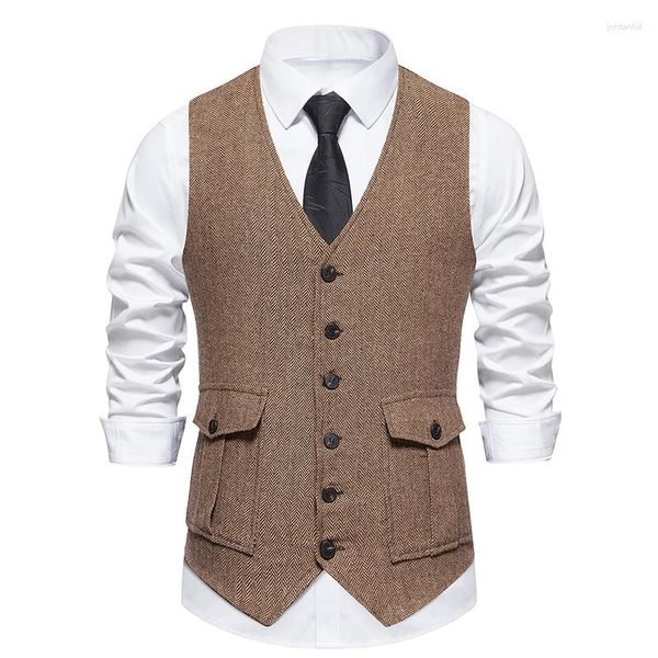 Gilets pour hommes Vintage Gilet à poitrine unique pour hommes Mode Poche tridimensionnelle Costume haut de gamme