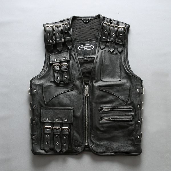 Hommes Gilets Vintage Style Mâle Réglable Véritable Moto Gilet Épais En Cuir De Vachette Sans Manches Vestes DHL 230420