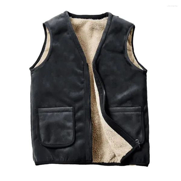 Gilets pour hommes Gilet chaud Hommes Gilet Veste de père d'âge moyen avec doublure en peluche Col V Fermeture à glissière Élégant Hiver pour