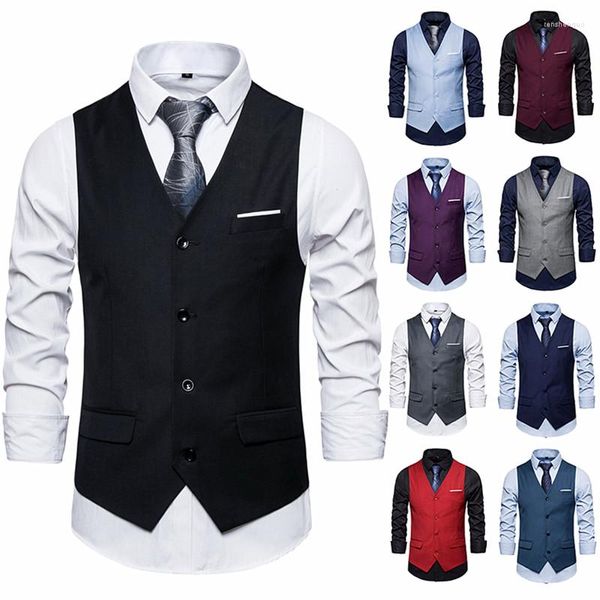 Chalecos para hombre, chaleco sin mangas negro para fiesta de boda para hombre, chaleco ajustado a la moda para oficina de negocios, rojo, azul y gris