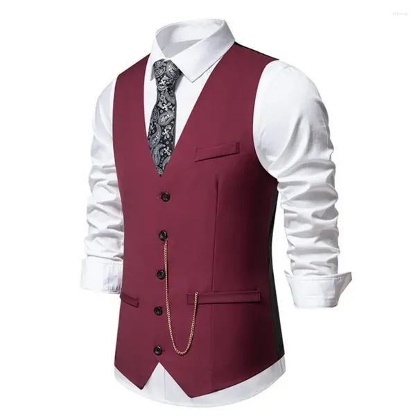 Chalecos para hombres Chaleco de fiesta de boda Abrigo Traje de hombre Chaleco con cuello en V elegante con detalle de cadena para primavera ajustada