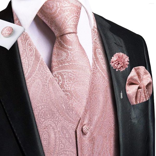 Chalecos para hombres Boda Peach Pink Mens Seda Paisley Jacquard Chaleco Corbata Hanky Gemelos Broche Set para hombres Traje Formal Business Hi-Tie