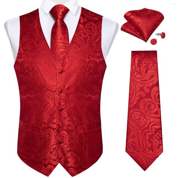 Chalecos de hombre Boda Hombre rojo Chaleco con cuello en V Vestido formal de esmoquin de negocios Chaleco delgado para hombres Fiesta Corbata de lujo Pañuelo Gemelos Conjuntos