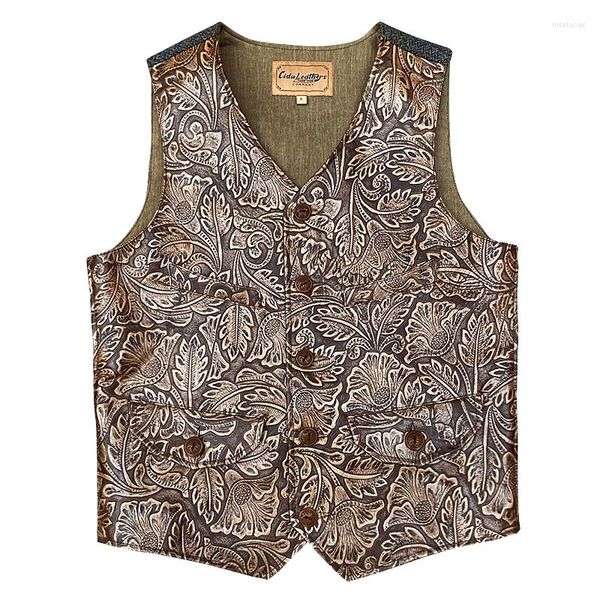 Chalecos de hombre West Cowboy Chaleco de cuero real para hombre Chaquetas sin mangas genuinas Chaleco de tela de cuero de vaca Patrón de flores vintage