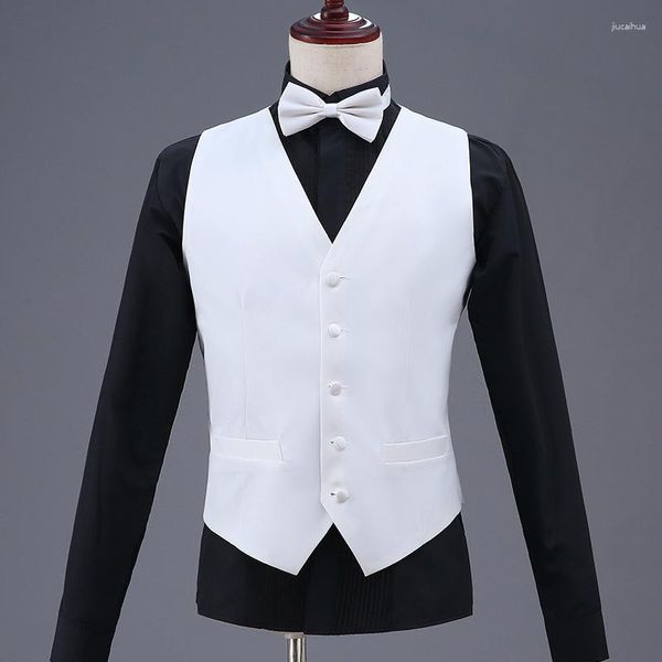 Chalecos para hombres Chaleco blanco para hombre Trabajo formal de negocios Causal Chaleco ajustado para hombres con cuello en U Traje retro para caballeros Chaleco de boda sólido