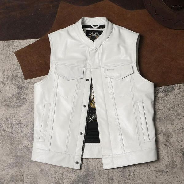 Chalecos de hombre Chaleco de cuero de motociclista blanco Chaquetas sin mangas genuinas para hombre Chaleco de cuero de vaca real con cuello levantado