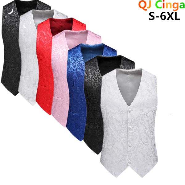 Gilets pour hommes Blanc Rose Gilet sans manches pour hommes Gilet d'affaires à col en V à simple boutonnage Fête de mariage Hommes Gilets Bleu Rouge Noir S-5XL 6XL 230704