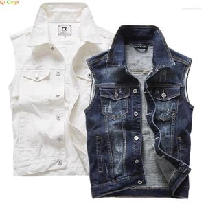 Gilets pour hommes Blanc Veste en jean sans manches Veste à revers à simple boutonnage Manteau Bleu Gris Noir Tops Gilet M-5XL 6XL