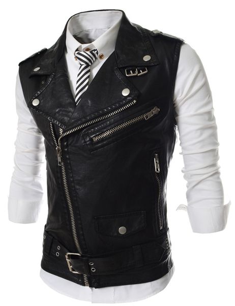 Chalecos para hombres Venta al por mayor- Chaleco de cuero para motocicleta Chaleco de cuero negro para hombre Chaleco rojo Steampunk Rock Slim Fit Cremallera Chaqueta sin mangas XXL