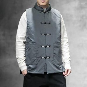 Gilets d'hiver pour hommes, Style chinois, col montant, bouton, manteau épais rembourré en coton, gilet rétro, grande taille, vêtements masculins