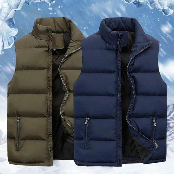 Chalecos para hombres Invierno Hombres Chaleco Chaqueta Color Sólido Soporte Cuello Cremallera Algodón Sin Mangas Abrigo Espesar Chaleco Recto Streetwear