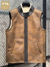 Gilets pour hommes hiver en peau de mouton gilet en peau de mouton hommes en cuir véritable col montant chaud gilet en fourrure véritable fermeture éclair Vintage décontracté sans manches veste 230420