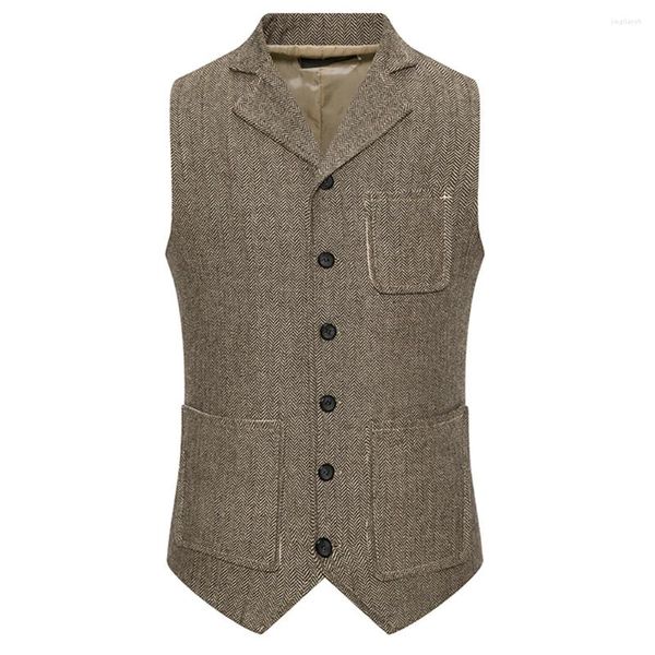 Gilets pour hommes hiver Tweed gilet costume Vintage formel chevrons bouton poche gilet affaires revers col hauts