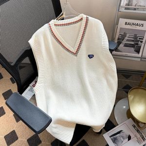 Chalecos para hombres Invierno con cuello en V Sin mangas Suéter Chaleco Japonés Retro Estilo universitario Suelto Casual High Street Exterior de punto Ropa masculina