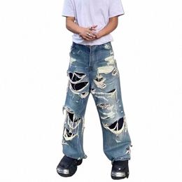 Pantalon en jean détruit de style Vibe pour hommes Fi Hi Street déchiré surdimensionné Hip Hop Denim pantalon coupe ample bas distré S7f6 #