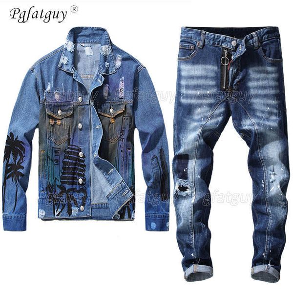 Hommes Vintage Blue Jeans Sets 2020 Frayed Slim Denim Jacket et coutures Jean 2PCS Sets Mens Lettre Imprimer Veste + Trou Pantalon X0909