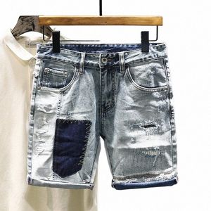 Vintage denim shorts voor heren 2023 Nieuwe rechte Koreaanse fi gescheurde gat slanke streetwear korte jeans man 78ng#