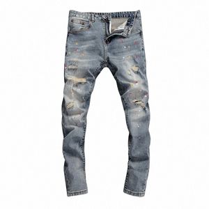 Vintage denim voor heren met gescheurde, vervaagde slim-fit jeans met print, high-end streetwear fi hiphop streetwear jeans 138g #