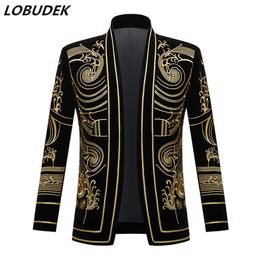 Heren Vintage Goud Geborduurd Fluwelen Blazer Engeland Stijl Plus Size Jasje Zanger Stage Performance Kostuum Bar DJ Tuxe205s