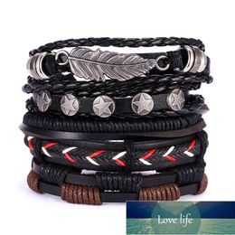 Heren Vintage Blad Ster Multilayer Lederen Armband Handgemaakte Gevlochten Touw Zwarte Wrap Armbanden Armbanden Sieraden Pulsea Hombre Factory Prijs Expert Design Quality