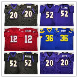 Heren College Retro American Football Jerseys 12 Tom Brady 20 Ed Reed 52 Ray Lewis Jerome Bettis Stitched Zwart Paars Rood Blauw