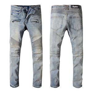 Jeans de motard en coton stretch déchiré vintage pour hommes Slim Fit Pantalon plissé pour la mode moto