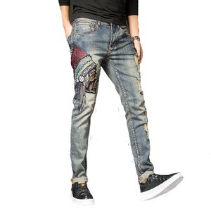 Heren vintage rek gescheurde jeans mode blauw geborduurde Indiase gaten denim broek herfst en winter hoge kwaliteit retro jeans