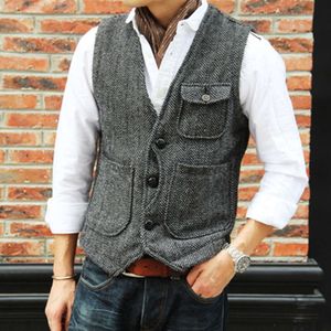 Heren Vintage Tweed Pak Single Breasted Fashion V-hals Wol Casual Vest Bruiloft Bruidsjonkers Tuxedo