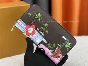 Cartera para hombre Monedero con estampado animal marrón para mujer Diseñador de lujo Pures Titular de la tarjeta clásica Monedero con letra de flor de un solo tirón Monedero original impermeable para polvo y bolsa M60017