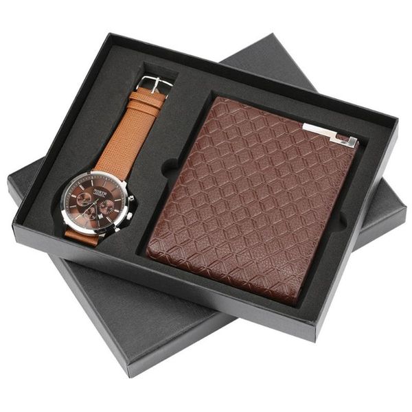 Estuche para tarjetas con billetera para hombre, conjunto de regalo 2 en 1, conjunto de reloj de PU, billeteras para cumpleaños, Navidad y vacaciones