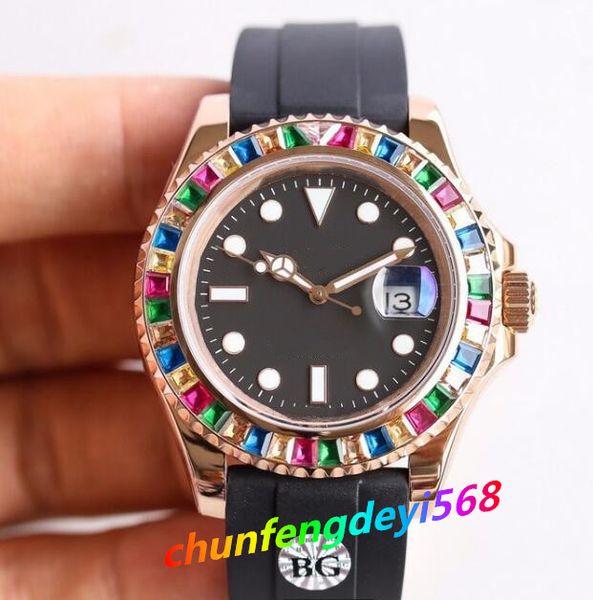 Reloj para hombres mecánicos automáticos 2813 relojes Correa de goma 40 mm Colorido Rainbow Diamond Bisel Sapphire Imploades impermeables casuales