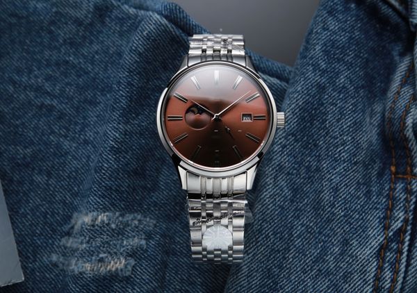 Reloj para hombre, equipado con movimiento original importado 8219, 24 horas/fase lunar verdadera, espejo de cristal de zafiro, correa de acero inoxidable, diámetro 39X10m