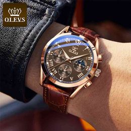 Montre pour hommes de luxe multi-fonctionnelle sport chronométrage montre en cuir étanche montre lumineuse Relogio Masculino 210804