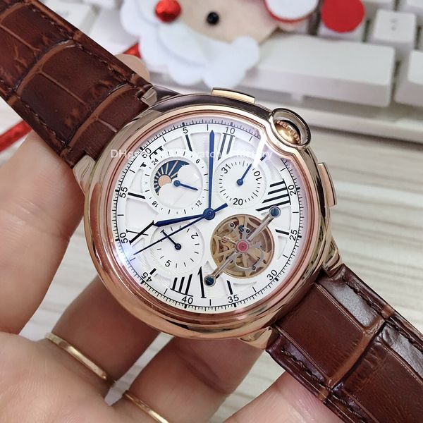 Montre pour hommes montres de mouvement montre de diamant de haute qualité pour hommes montre designer automatique de luxe classique Tourbillon ceinture en cuir de café doré bouton pliant