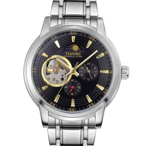 Montre pour hommes, simple, mouvement automatique, ronde, bracelet en acier, boîtier en alliage, verre renforcé, stylée, élégante, romantique, cool, creuse, 24 heures