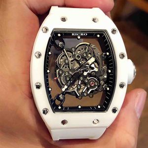 Relógio masculino branco cerâmica e caixa de aço movimento automático fivela borboleta pulseira de borracha multicolorida RICRO313u
