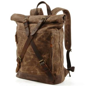 Sac à dos de randonnée en toile de cire imperméable pour hommes Sac de voyage en plein air Sac à dos d'ordinateur anti-vol Sac à dos rétro roulé 210929